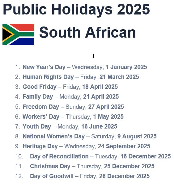 public holidays 2025 South Africa